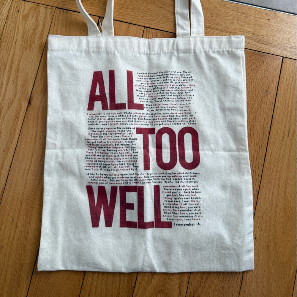 Cream Canvas Tote Bag with Red "ALL TOO WELL" Print - Women Accessories
